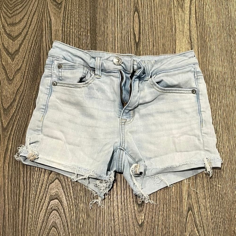 American Eagle High Rise Shortie Shorts Next Level Stretch Light Wash Blue Sz 2